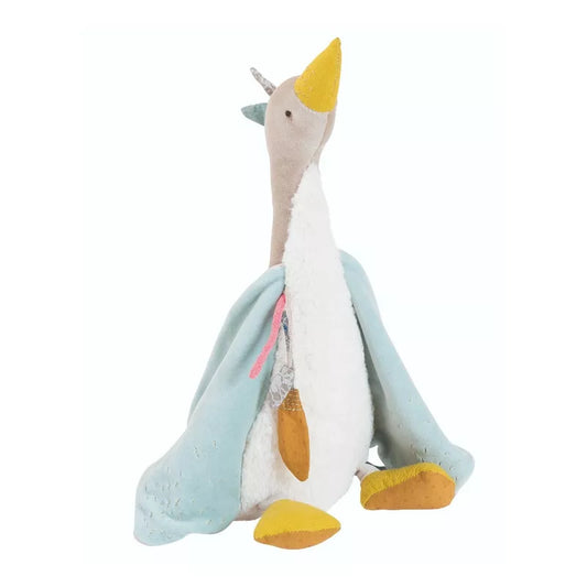 A Moulin Roty Large Olga the Goose stuffed animal with a blue and white bird on its back.