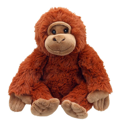 Ollie the Orangutan ECO Cuddlies, crafted from recycled materials, features fluffy reddish-brown fur and a friendly look. Sitting upright with spread-out arms and legs, its light brown face and feet make it an adorable addition to any plush toy collection.