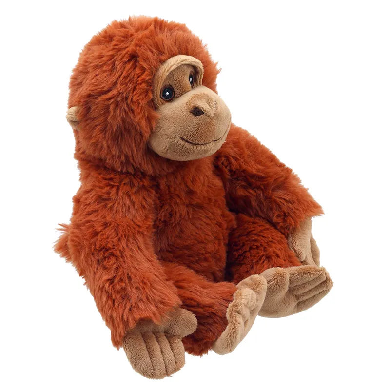 Introducing Ollie the Orangutan ECO Cuddlies, a plush toy made from recycled materials. With soft orange fur and a tan face and hands, this cute companion sits slightly to the side on a plain white background, offering an eco-friendly choice for soft toy enthusiasts.