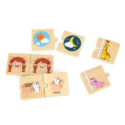 The Opposites Puzzle set includes wooden pieces set against a white background, depicting images such as a sun and moon, a braided girl, a measuring giraffe and pig, and two cats in a box. Each piece is designed to pair up, facilitating vocabulary development through playful interaction.