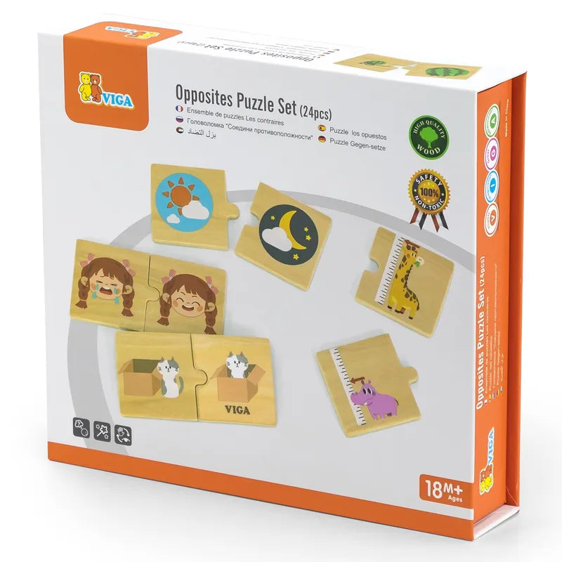 The Opposites Puzzle set is a children's educational puzzle box that includes illustrations depicting contrasts such as daytime and nighttime, as well as cats and dogs. It contains 24 wooden pieces designed to enhance vocabulary in children aged 18 months and up. The Viga brand logo is featured in the top left corner of the box.