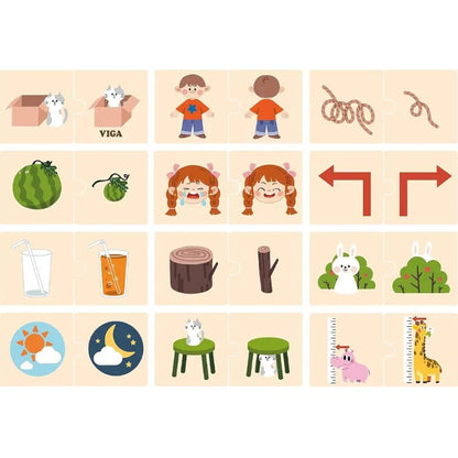 Introducing the Opposites Puzzle Set, an engaging educational puzzle with wooden pairs featuring elements like kittens in a box, the front and back of a boy, tangled ropes and solutions, a watermelon and its slice, expressive faces of a girl, directional arrows, beverage containers, tree stumps alongside logs, rabbits in various poses or sizes, weather symbols indicating opposite conditions, and animals with measuring instruments.