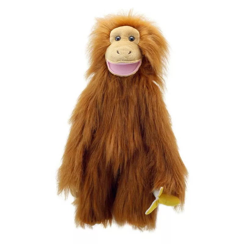 A 60 cm tall large Mouth Moving Hand Puppet with a fully body of an orangutan. It is a brown with a banana velcroed to its hand.