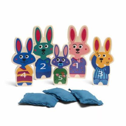 a group of Buitenspeel Bean Bag Bunnies Throwing Game with numbers on them.