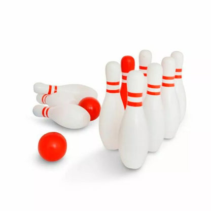 A set of Buitenspeel Wooden Bowling Red and White pins and ball.