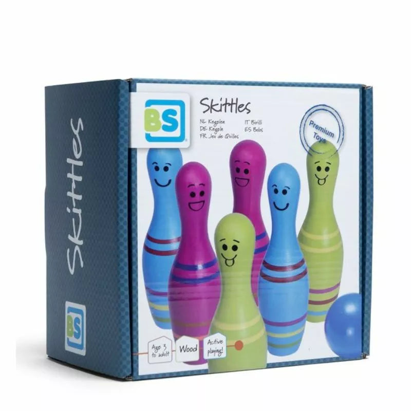 A Buitenspeel Skittles Jr set with a group of colorful bowling pins.