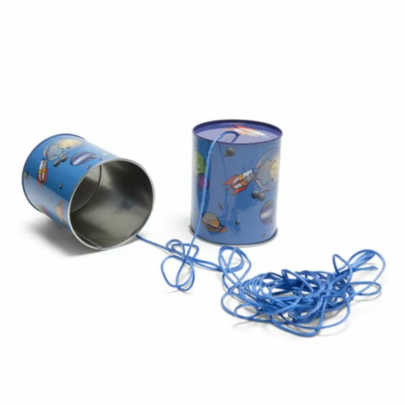 A blue Buitenspeel Tin-o-Phone with a string attached to it.