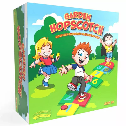 A colorful box containing the Garden Hopscotch toy, featuring illustrations of two happy children playing hopscotch, and indicating the game encourages active play for ages 3 and up.