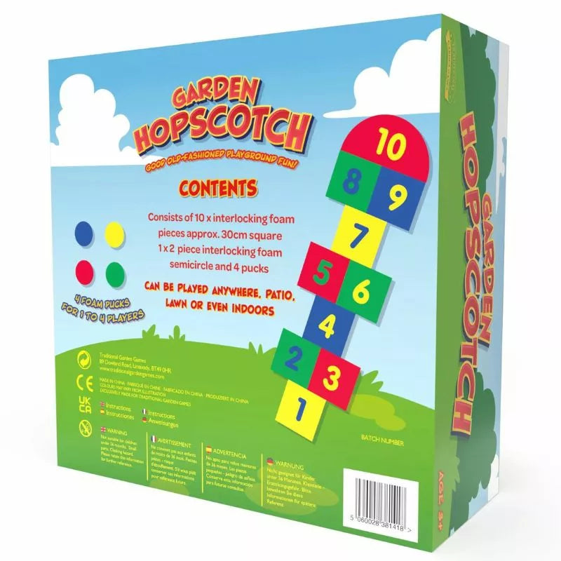 A colorful Garden Hopscotch packaging box for "Garden Hopscotch," an active play hopscotch toy that features 10 interlocking foam play pieces for outdoor or indoor fun, enhancing number recognition.
