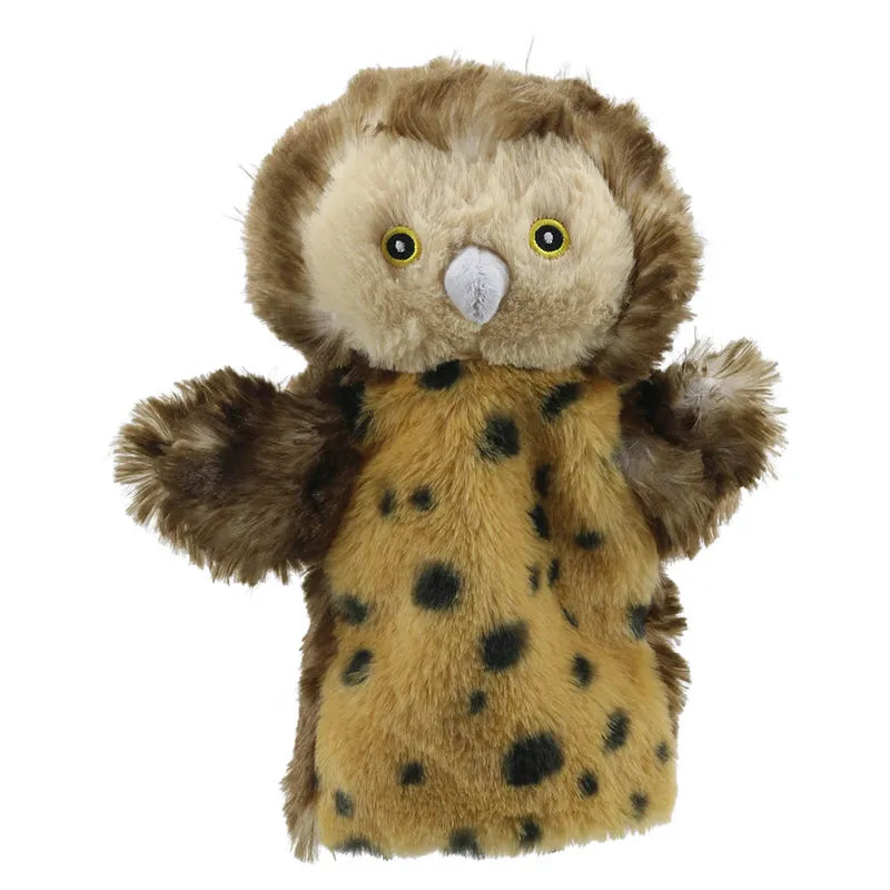 The ECO Puppet Buddies Owl Hand Puppet, crafted from recycled materials, features soft brown and tan fur with black spots, large round yellow eyes, and a small gray beak. With outstretched wings and a textured, fuzzy appearance, it's perfect for imaginative play.