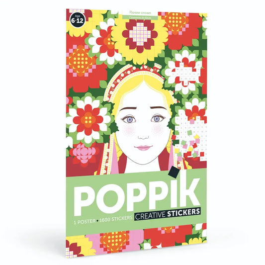 The "Poppik Creative Sticker Poster – Flower Crown" features a vibrant geometric floral poster with a girl wearing a flower crown, includes repositionable stickers, and is designed for ages 6-12.