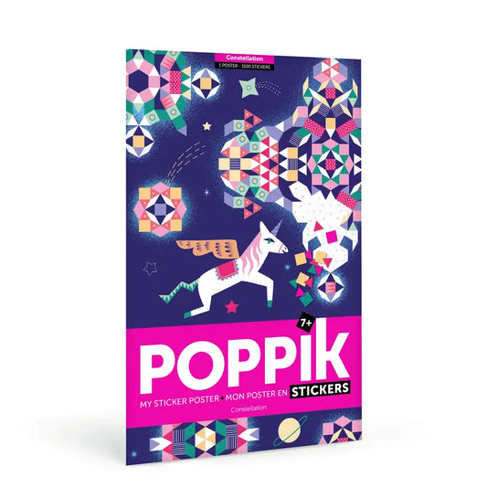 The Poppik Creative Sticker Poster – Constellation features a vibrant, geometric mosaic with a winged unicorn and stars. Includes repositionable stickers. For ages 7+, text says "POPPIK STICKERS" and "MY STICKER POSTER - CONSTELLATION".