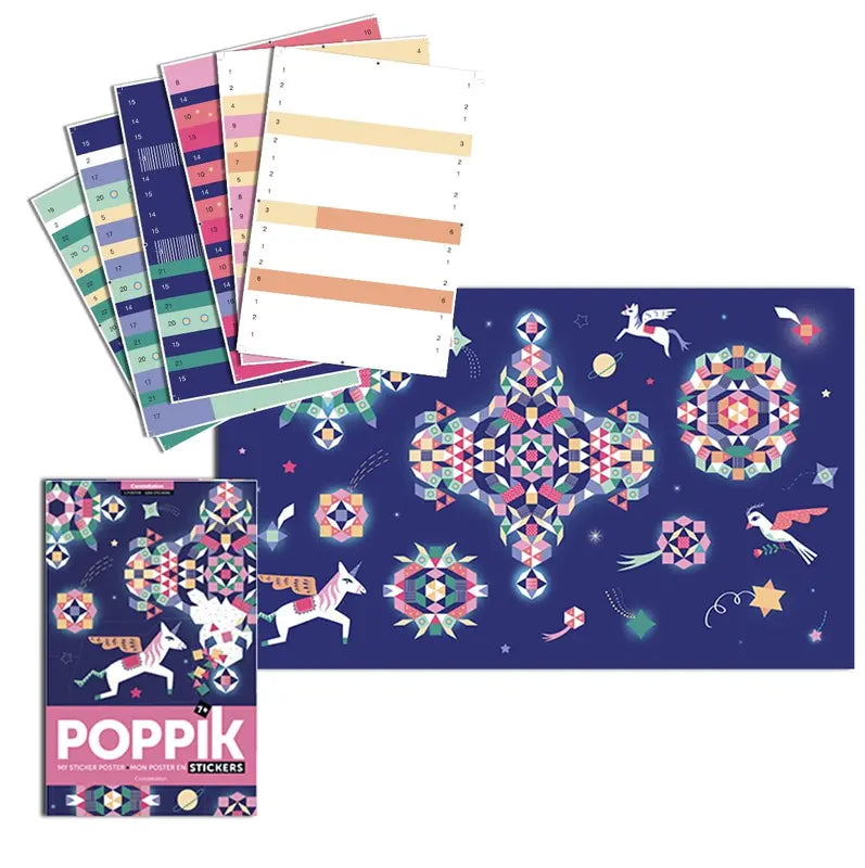 The Poppik Creative Sticker Poster – Constellation set includes pastel sticker sheets, a unicorn mosaic poster with geometric designs on a dark blue background, repositionable stickers, and comes in a Poppik-branded package.