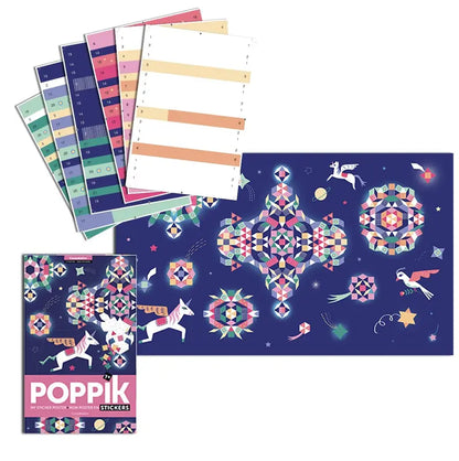 The Poppik Creative Sticker Poster – Constellation set includes pastel sticker sheets, a unicorn mosaic poster with geometric designs on a dark blue background, repositionable stickers, and comes in a Poppik-branded package.