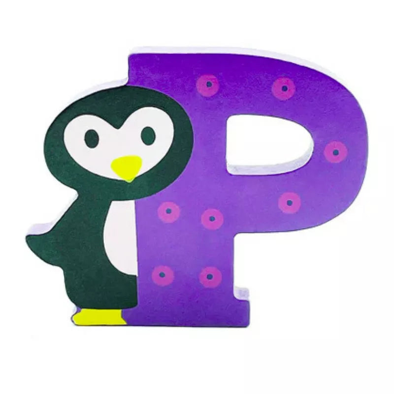 A purple Wooden Letter Animal – P with a penguin on it.