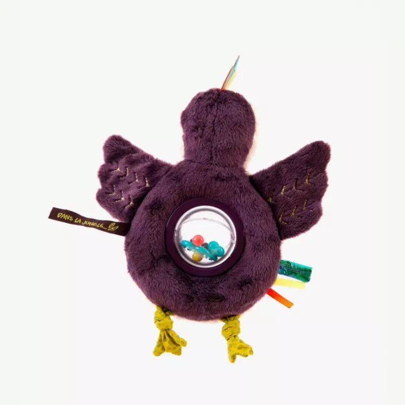 A Moulin Roty Pakou Bead Rattle with a magnifying glass in its beak.