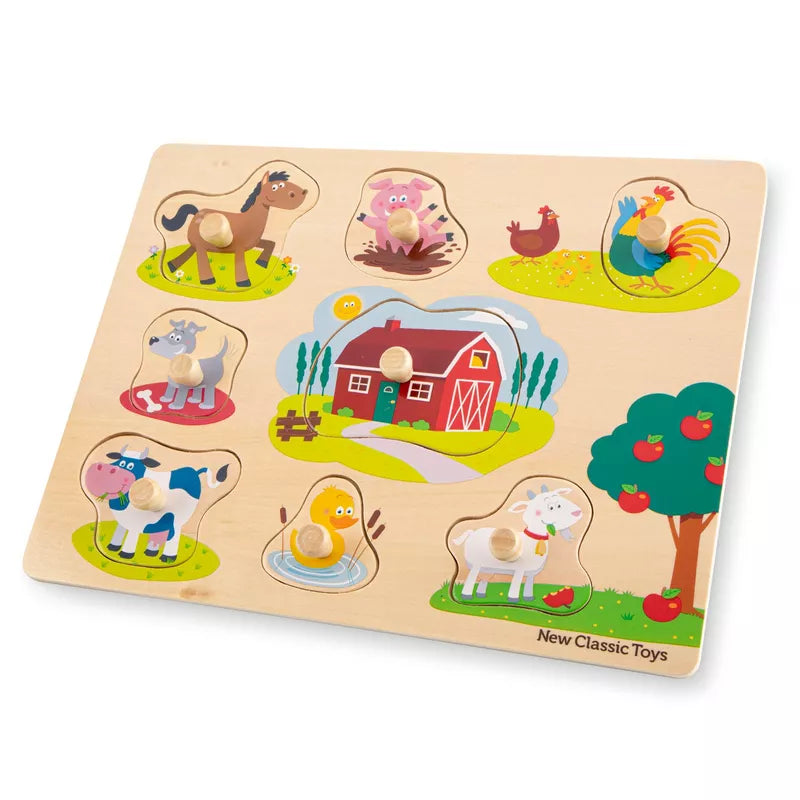 New Classic Toys Peg Puzzle – Farm - 8 pieces with farm animals and farm scenes.