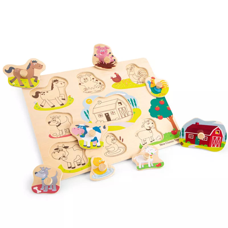 A New Classic Toys Peg Puzzle – Farm - 8 pieces with farm animals and farm scenes.