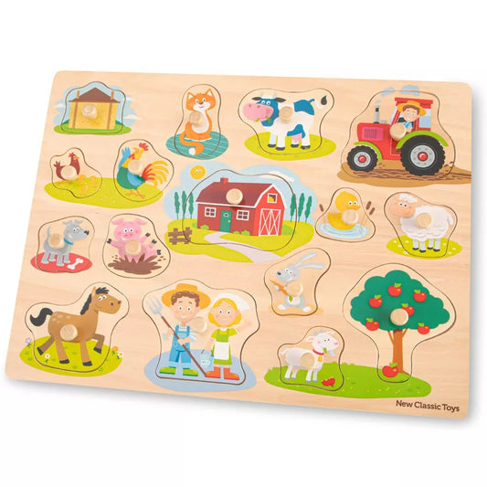 New Classic Toys Peg Puzzle Farm with farm animals and farm scenes.