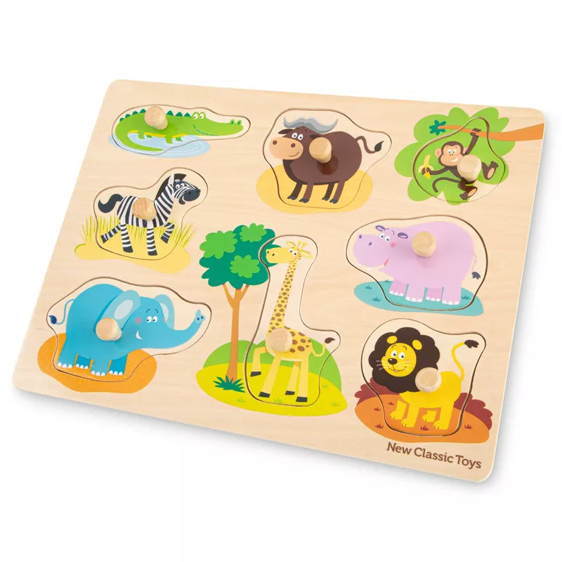 A New Classic Toys Peg Puzzle - Safari - 8 pieces with different animals on it.