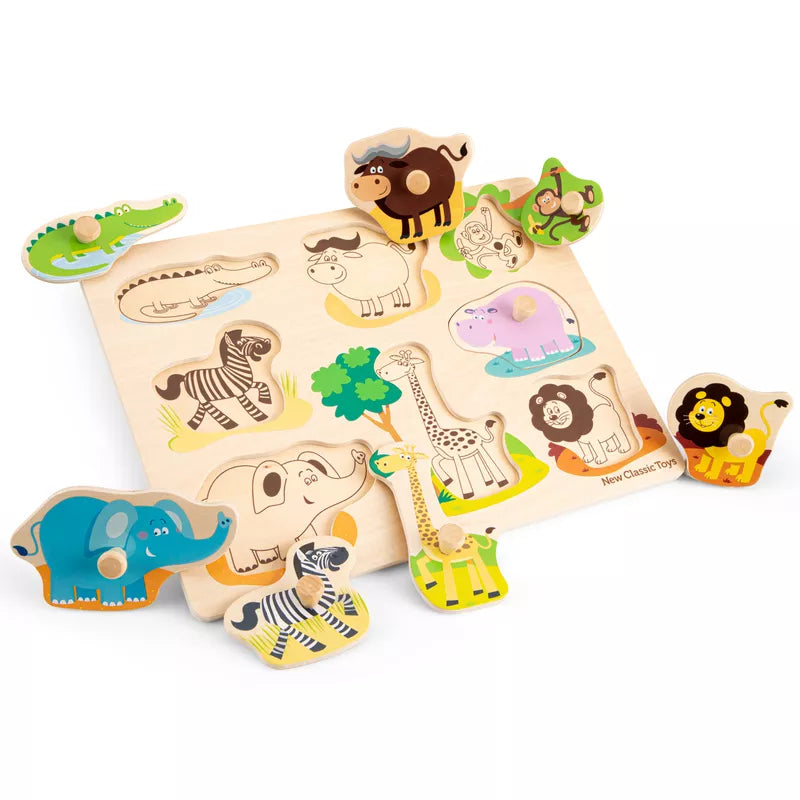 New Classic Toys Peg Puzzle - Safari - 8 pieces with animals and giraffes.