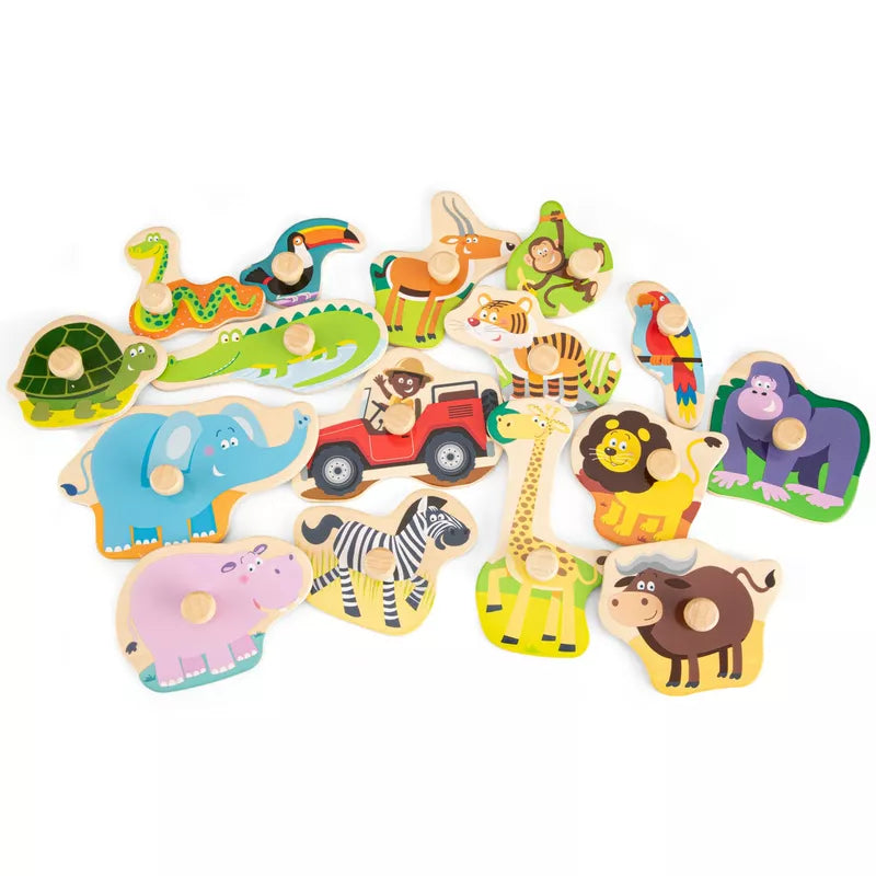 A pile of New Classic Toys Peg Puzzle Safari with animals and giraffes.