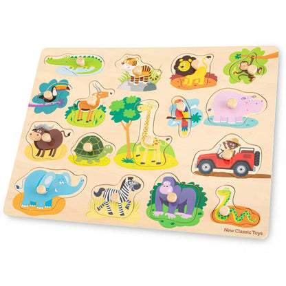 A New Classic Toys Peg Puzzle Safari with animals and cars on it.