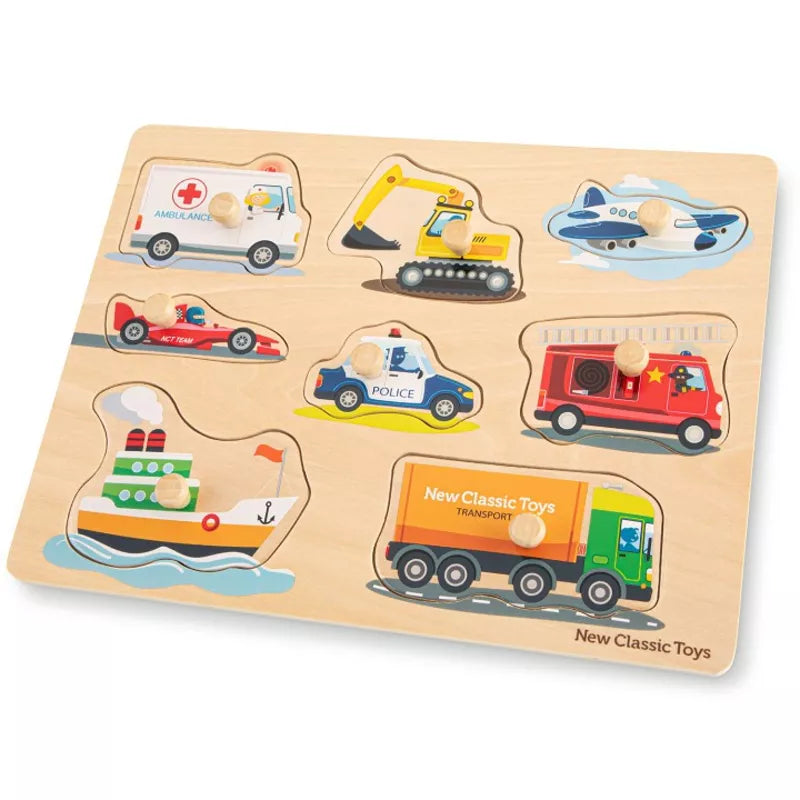 A New Classic Toys Peg Puzzle - Transport - 8 pieces with different vehicles on it.