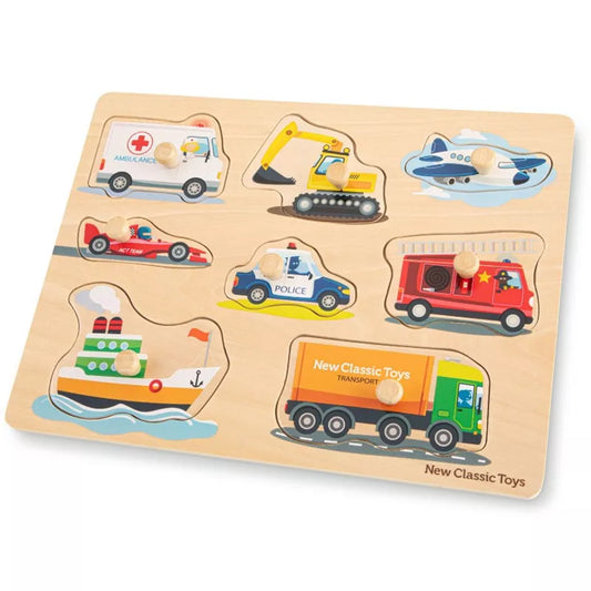 A New Classic Toys Peg Puzzle - Transport - 8 pieces with different vehicles on it.