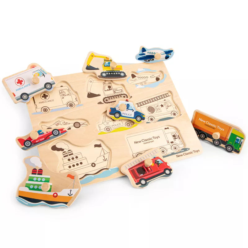 A New Classic Toys Peg Puzzle - Transport - 8 pieces with cars and trucks on it.