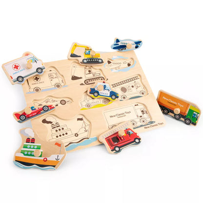 A New Classic Toys Peg Puzzle - Transport - 8 pieces with cars and trucks on it.