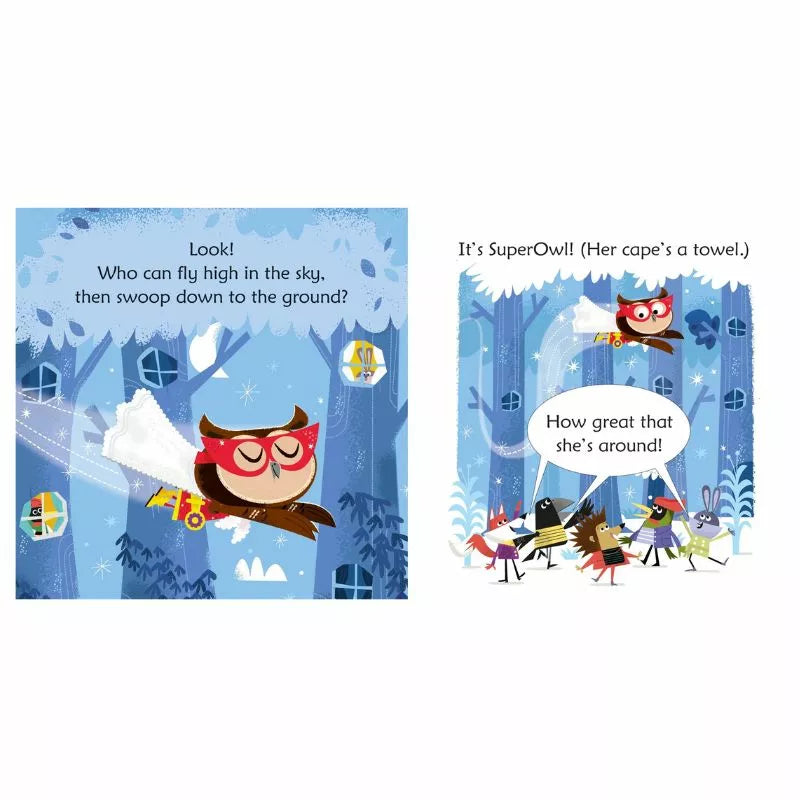 A children's book featuring Usborne Phonics Readers: Owl in a towel soaring through the sky, perfect for developing reading skills in 3-year-olds.