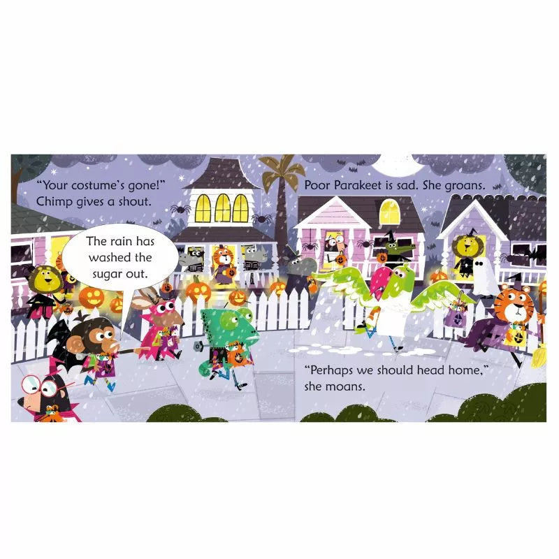 A children's book with a Halloween theme that incorporates phonetic repetition to enhance reading skills, Usborne Phonics Readers: Trick or treat Parakeet.