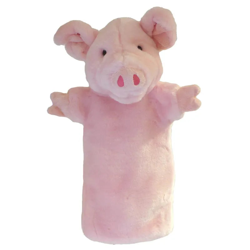 Introducing the adorable The Puppet Company Long Sleeved Puppet Pig, a pink hand puppet featuring a soft, plush texture. It has charming floppy ears, a snout with two nostrils, and small black eyes. This cylindrical-bodied puppet comes with extended arms, making it perfect for entertaining and storytelling in any puppet theatre setting.