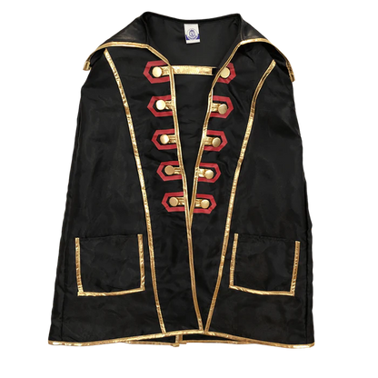 A Liontouch Pirate Cape Captain Cross accessory, this black cape features elegant red and gold trim.
