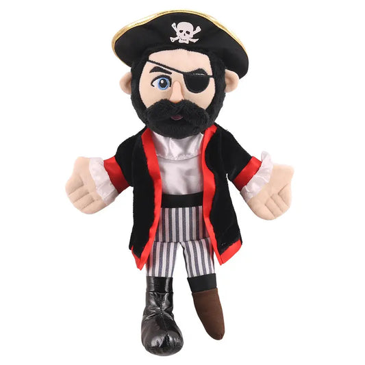 The Puppet Company Hand Puppet Pirate features a plush design with a black skull hat, eye patch, black beard, red and black coat, striped pants, and a peg-leg boot—ideal for vocabulary-building and imaginative play.