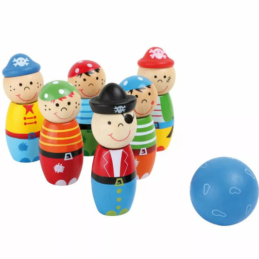 A collection of Skittles Pirate, dressed in pirate designs, standing around a blue ball with white detailing.