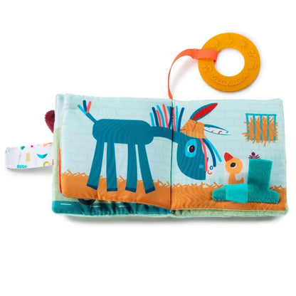 The Lilliputiens I'm Discovering Playbook Farm is a wonderful baby gift featuring a cloth book with colorful illustrations of a blue donkey and small chicken. It includes an orange teething ring and offers soft, textured pages with playful designs, making it ideal for a baby's first toy.
.