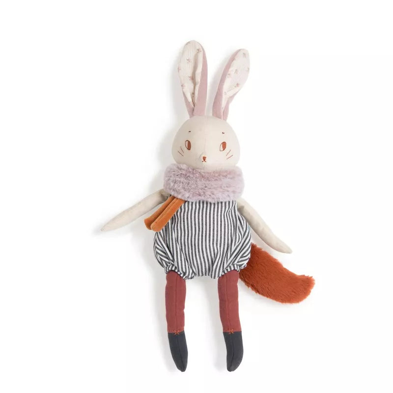 A Moulin Roty Plume the large Rabbit with a scarf around its neck.