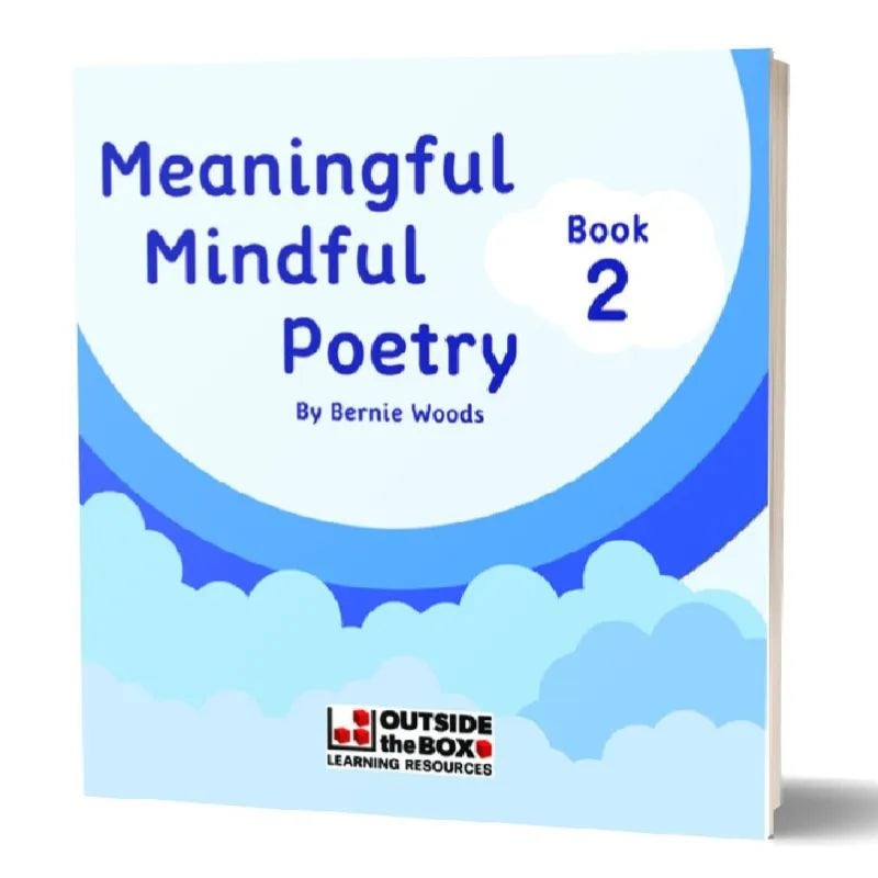 Meaningful Mindful Poetry 8 to 11 Years" by Bernie Woods features a blue sky and clouds cover, supports kids' emotional wellbeing, and has the Outside the Box Learning Resources logo at the bottom. Perfect poetry for children.