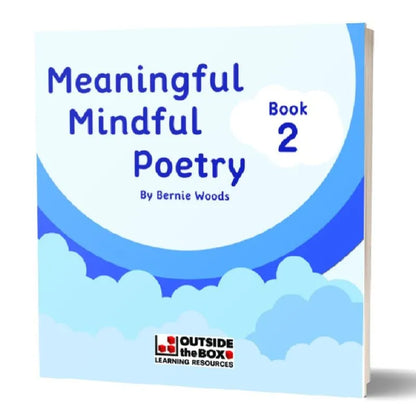 Meaningful Mindful Poetry 8 to 11 Years" by Bernie Woods features a blue sky and clouds cover, supports kids' emotional wellbeing, and has the Outside the Box Learning Resources logo at the bottom. Perfect poetry for children.
