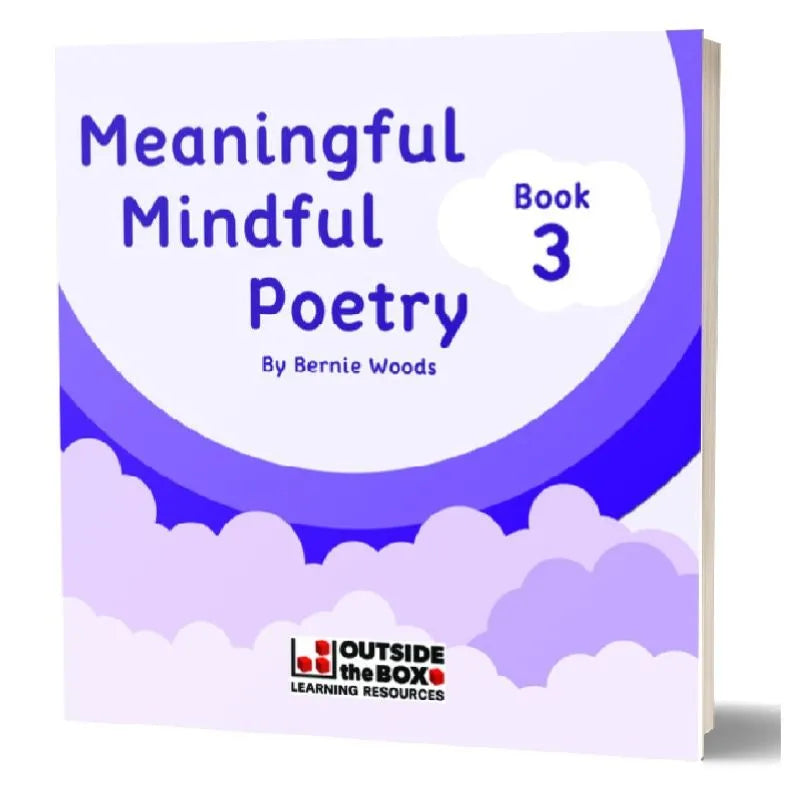 Meaningful Mindful Poetry 11 to 14 Years" by Bernie Woods features mindful poetry for children, a purple and white cloud cover design, and the Outside the Box Learning Resources logo at the bottom.