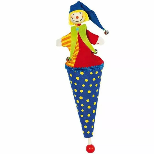 A colorful jester Pop up Puppet Blue featuring a smiling face, dressed in a multicolored outfit with a blue and yellow cone base adorned with polka dots and a hanging red ball.