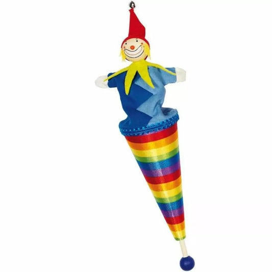 A colorful clown traditional Pop up Puppet Rainbow with a smiling clown face wearing a blue and yellow outfit, and a multicolored cone body, suspended by a string.