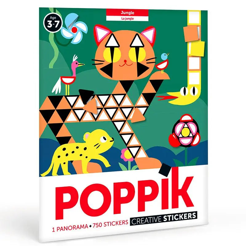 Poppik Creative Stickers Jungle is a colorful activity kit for ages 3–7 with geometric animal art—cat, leopard, birds, snake—on a green jungle background. Includes 750 repositionable stickers and a poster panorama.