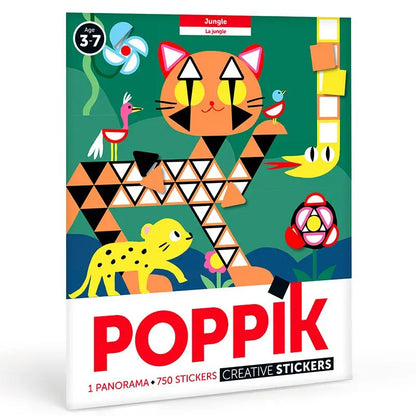 Poppik Creative Stickers Jungle is a colorful activity kit for ages 3–7 with geometric animal art—cat, leopard, birds, snake—on a green jungle background. Includes 750 repositionable stickers and a poster panorama.