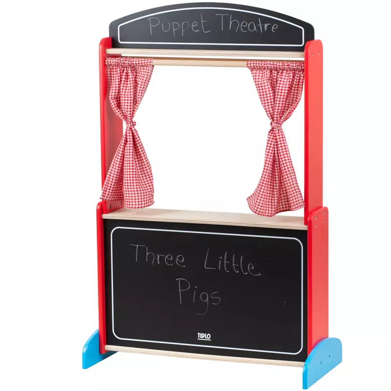 A Tidlo Wooden Puppet Theatre with a red curtain and a sign that says three little pigs.