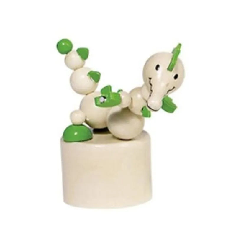 The Animal Push-up Crocodile, with its small, articulated design featuring a white body and green accents, posed playfully on a round white base, makes an ideal fidgety toy. Its delightful charm also makes it a perfect stocking filler for kids and collectors alike.