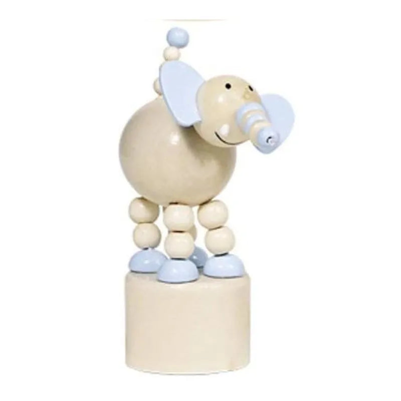 The Animal Push-up Elephant is an enchanting wooden fidget toy featuring a cheerful light blue and cream design. Standing on a round base, its legs and striped trunk are made from small spheres, while the round ears complete this delightful stocking stuffer.