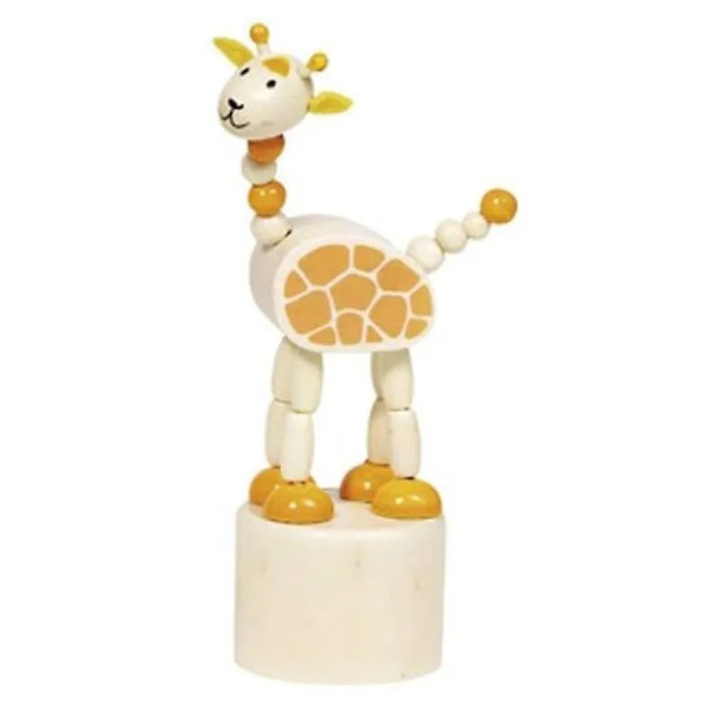 The Animal Push-up Giraffe is a small wooden figure featuring a flexible neck and limbs, making it an ideal stocking filler. With its cylindrical base, light yellow body, and orange spots, it stands upright for a playful appearance reminiscent of a wooden fidget toy.